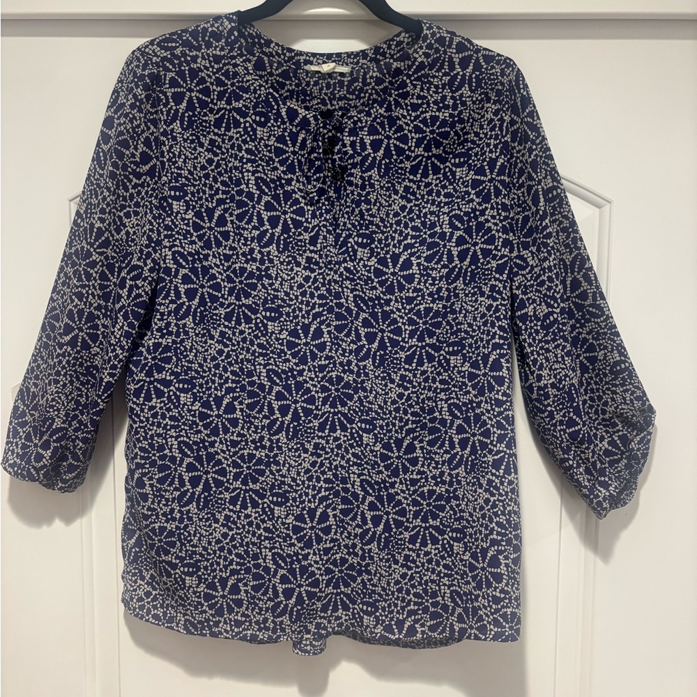 Pleione Navy and Cream Patterned Blouse, 3/4 sleeves, Ties at Neckline